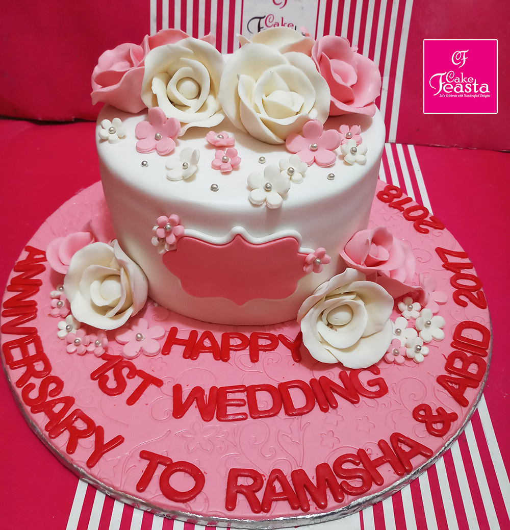 White Pink Flowers Wedding Cake - Marriage anniversary cakes