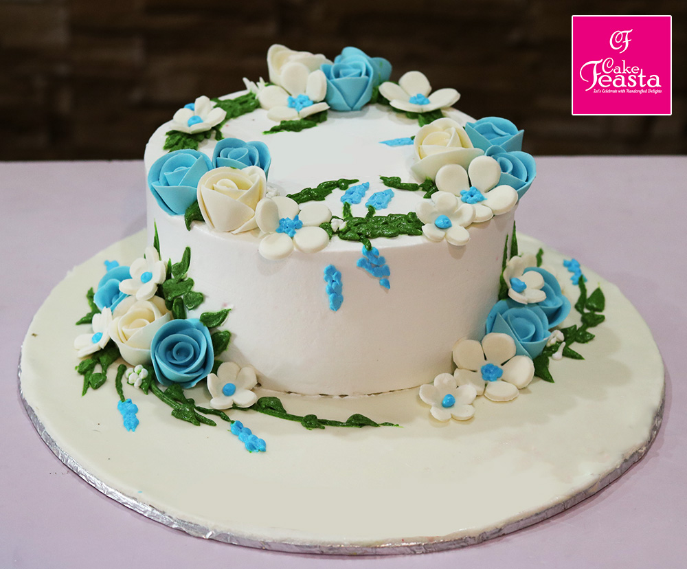 White Blue Flower Theme Cake - Online Custom Cakes - Cake Feasta