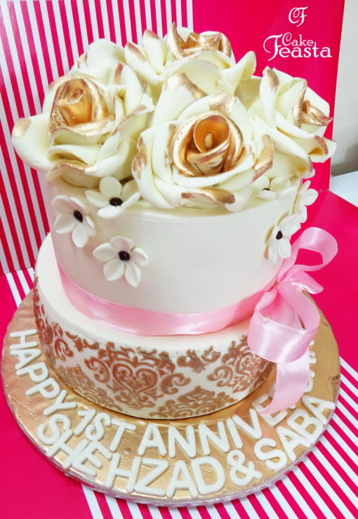 Off White Golden Flowers Anniversary Cake