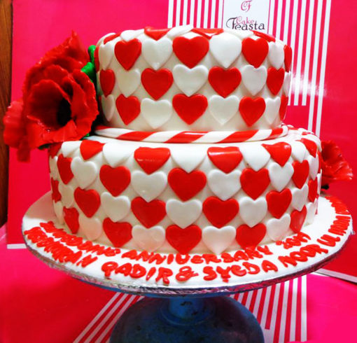 Red and White Hearts Anniversary Cake in lahore