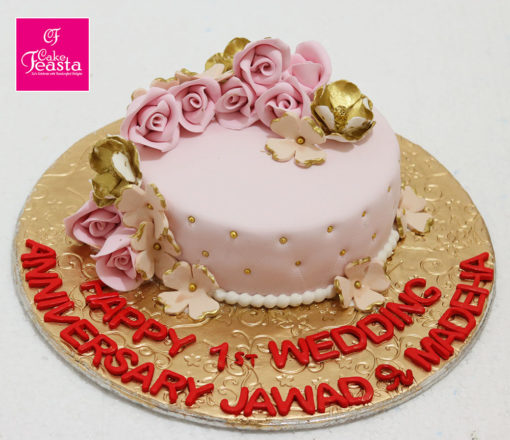 Gold Pink Roses Anniversary Cake
