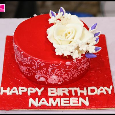 Red Base White Flower Birthday Cake