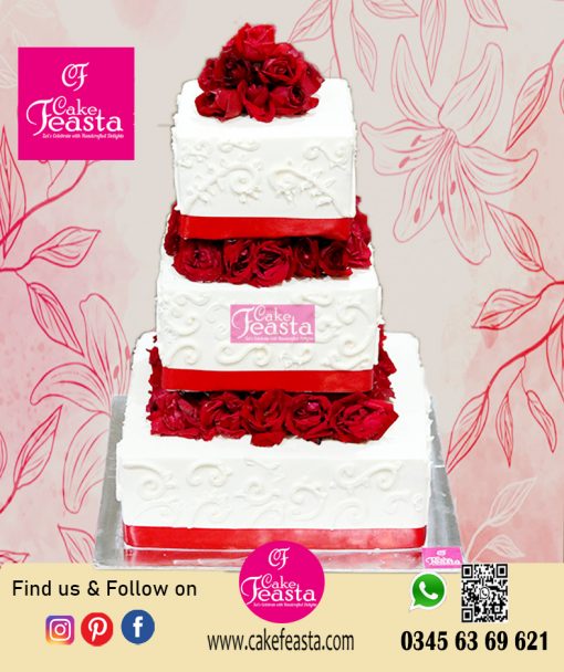 3 Tier Red & White Wedding Cake