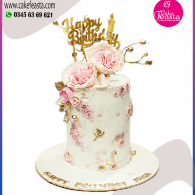 Pink & White Flowers Birthday Cake