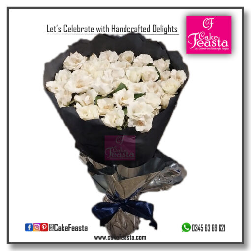 Fresh White Flowers Bouquet in Black Rap